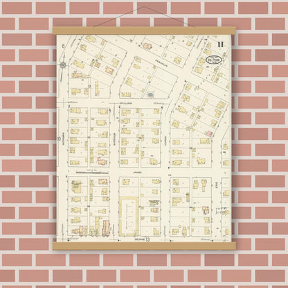 Old map wall art mockup — magnetic wood frame on brick wall — Sanborn Fire Insurance Map from De Pere, Brown County, Wisconsin (1914), Sheet #0011