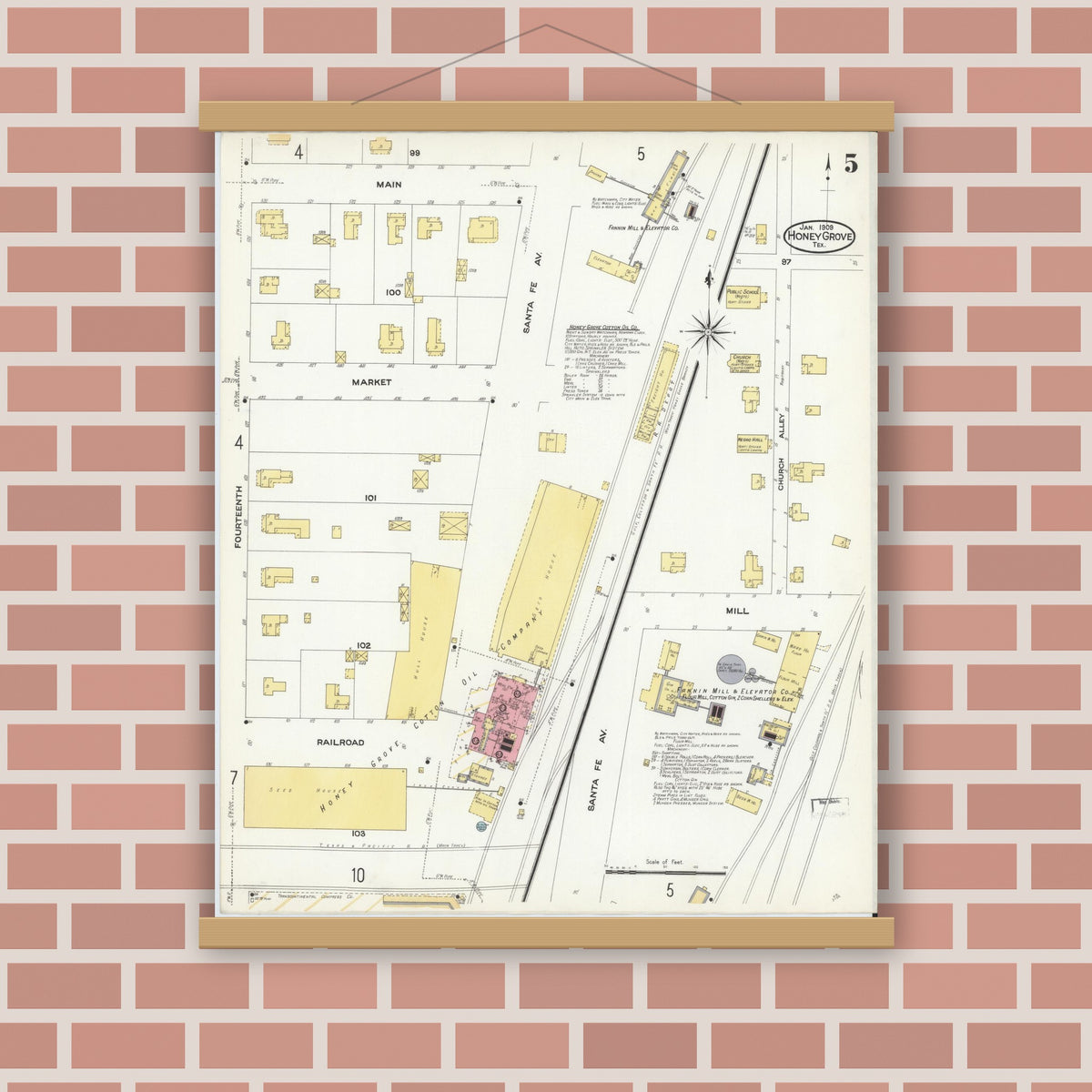 Old map wall art mockup — magnetic wood frame on brick wall — Sanborn Fire Insurance Map from Honey Grove, Fannin County, Texas (1909), Sheet #0005