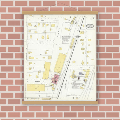 Old map wall art mockup — magnetic wood frame on brick wall — Sanborn Fire Insurance Map from Honey Grove, Fannin County, Texas (1909), Sheet #0005