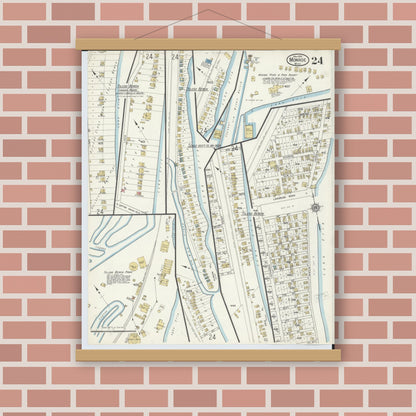 Old map wall art mockup — magnetic wood frame on brick wall — Sanborn Fire Insurance Map from Monroe, Monroe County, Michigan (1916), Sheet #0024