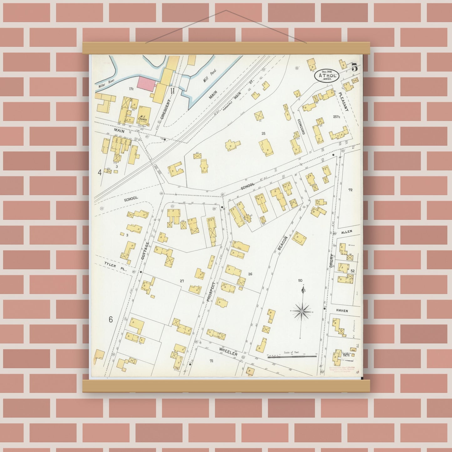 Old map wall art mockup — magnetic wood frame on brick wall — Sanborn Fire Insurance Map from Athol, Worcester County, Massachusetts (1900), Sheet #0005