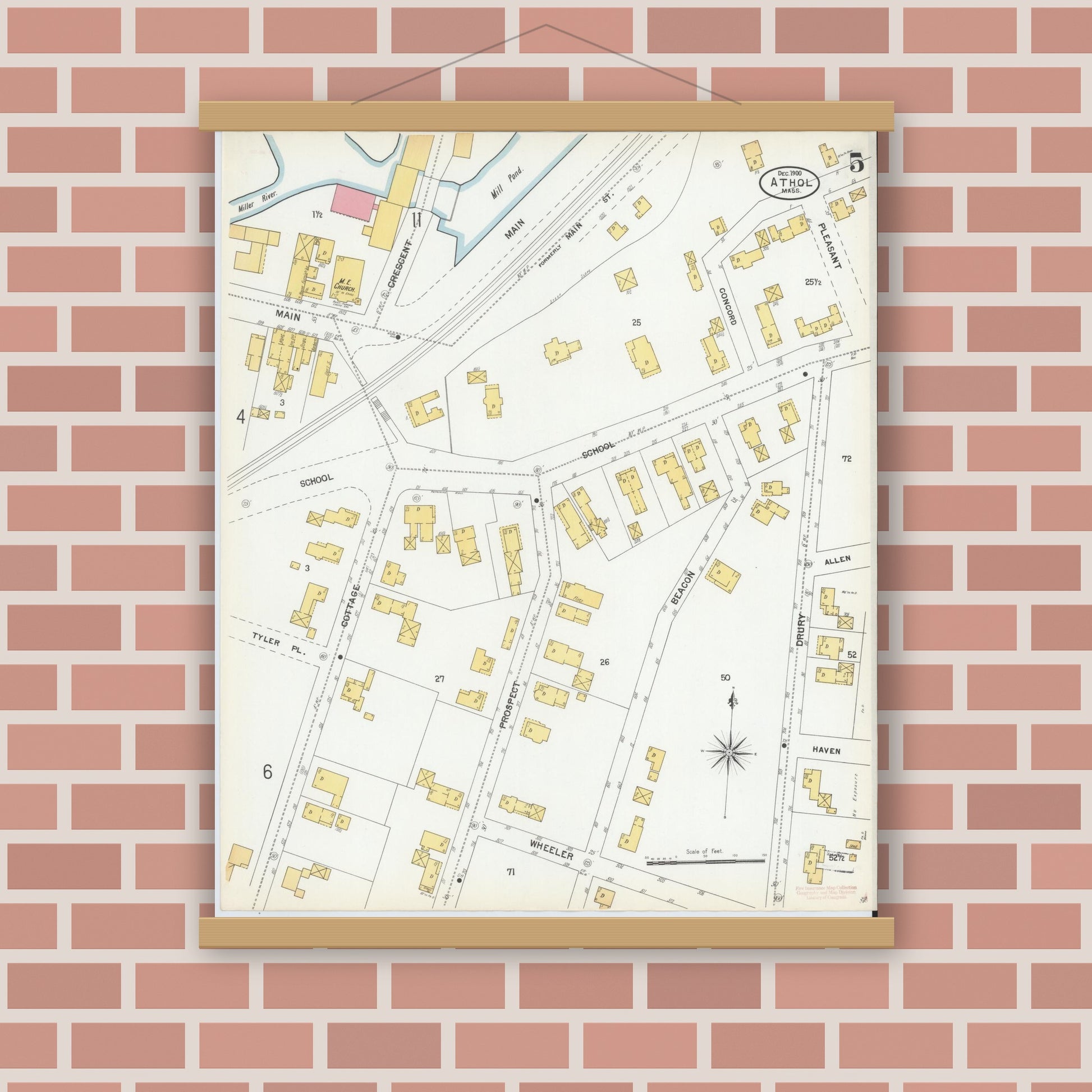 Old map wall art mockup — magnetic wood frame on brick wall — Sanborn Fire Insurance Map from Athol, Worcester County, Massachusetts (1900), Sheet #0005