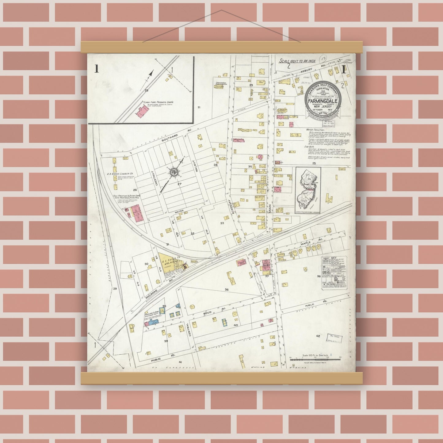 Old map wall art mockup — magnetic wood frame on brick wall — Sanborn Fire Insurance Map from Farmingdale, Monmouth County, New Jersey (1923), Sheet #0001