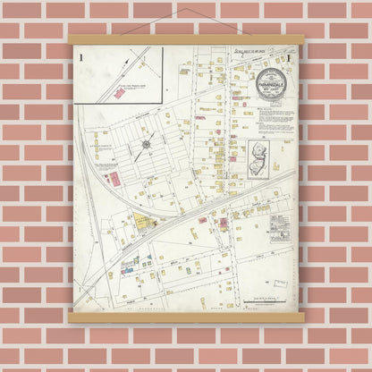 Old map wall art mockup — magnetic wood frame on brick wall — Sanborn Fire Insurance Map from Farmingdale, Monmouth County, New Jersey (1923), Sheet #0001