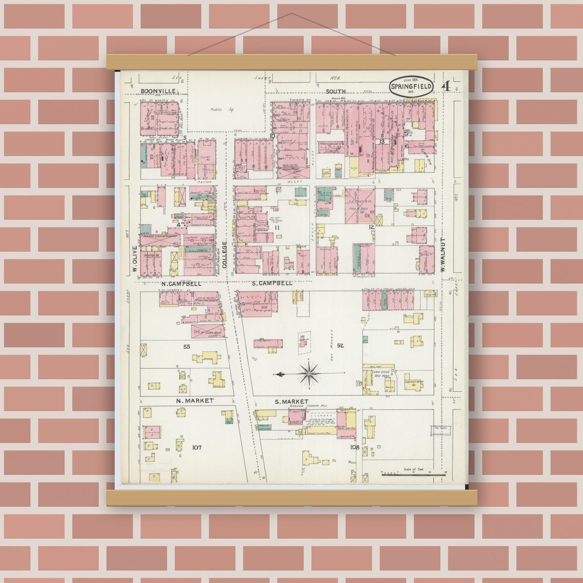 Old map wall art mockup — magnetic wood frame on brick wall — Sanborn Fire Insurance Map from Springfield, Greene County, Missouri (1891), Sheet #0004