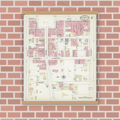 Old map wall art mockup — magnetic wood frame on brick wall — Sanborn Fire Insurance Map from Springfield, Greene County, Missouri (1891), Sheet #0004