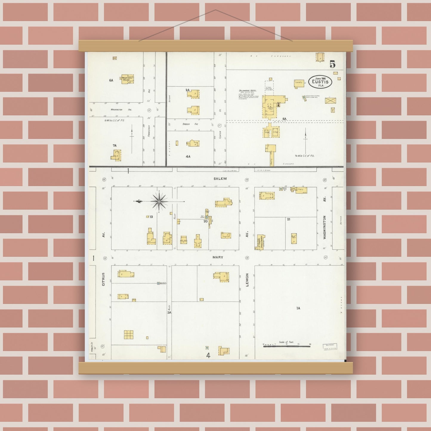 Old map wall art mockup — magnetic wood frame on brick wall — Sanborn Fire Insurance Map from Eustis, Lake County, Florida (1906), Sheet #0005