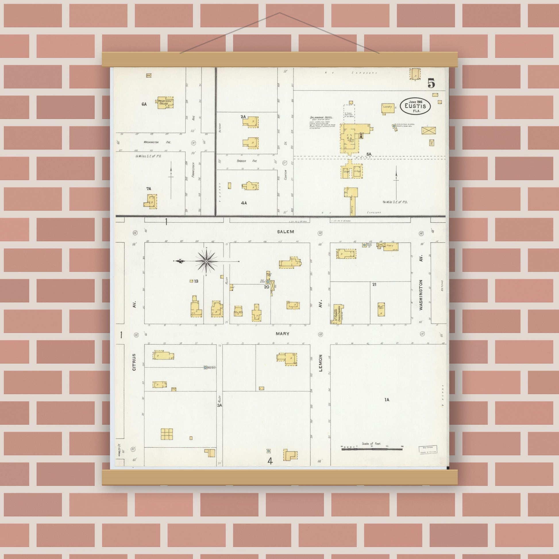 Old map wall art mockup — magnetic wood frame on brick wall — Sanborn Fire Insurance Map from Eustis, Lake County, Florida (1906), Sheet #0005