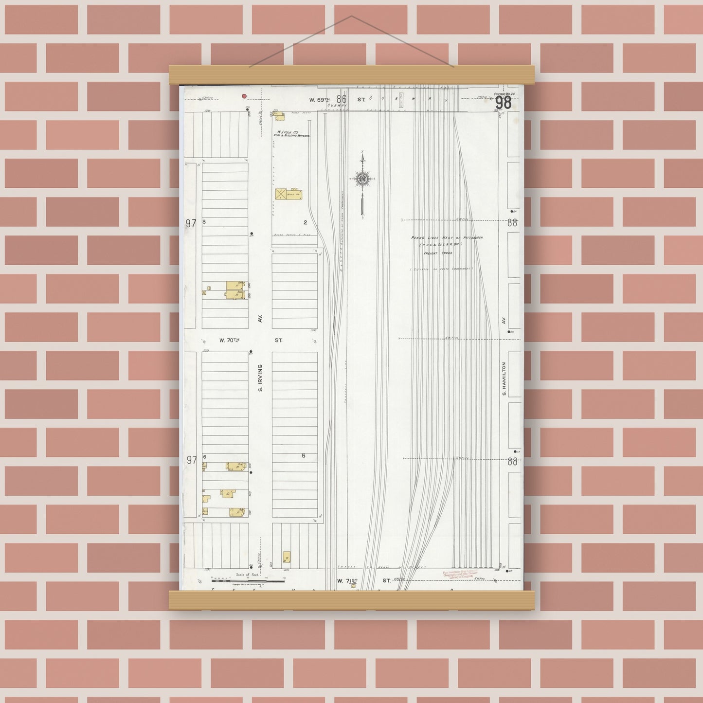 Old map wall art mockup — magnetic wood frame on brick wall — Sanborn Fire Insurance Map from Chicago, Cook County, Illinois (1920), Sheet #0098