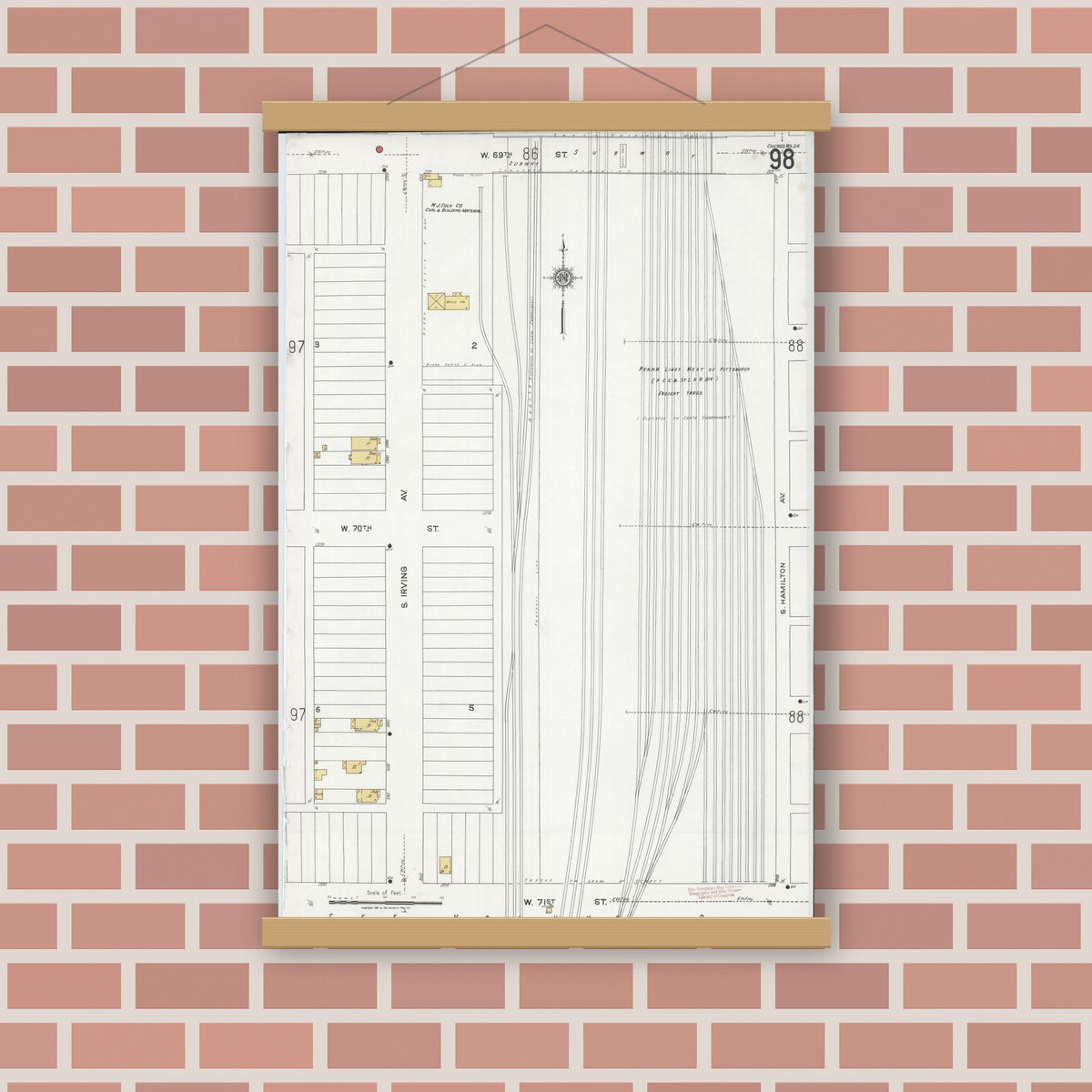 Old map wall art mockup — magnetic wood frame on brick wall — Sanborn Fire Insurance Map from Chicago, Cook County, Illinois (1920), Sheet #0098
