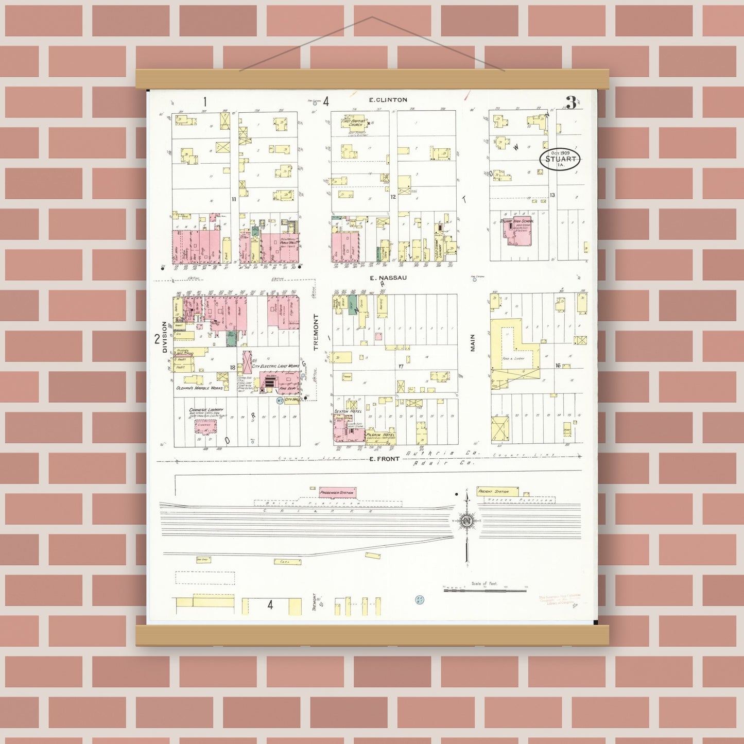 Old map wall art mockup — magnetic wood frame on brick wall — Sanborn Fire Insurance Map from Stuart, Guthrie and Adair Counties, Iowa (1909), Sheet #0003