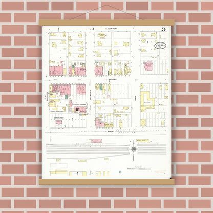 Old map wall art mockup — magnetic wood frame on brick wall — Sanborn Fire Insurance Map from Stuart, Guthrie and Adair Counties, Iowa (1909), Sheet #0003