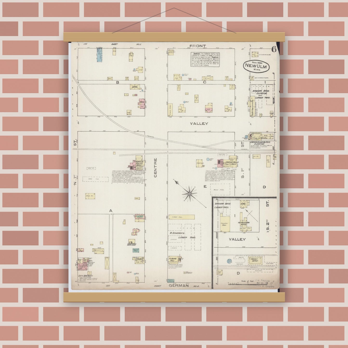 Old map wall art mockup — magnetic wood frame on brick wall — Sanborn Fire Insurance Map from New Ulm, Brown County, Minnesota (1884), Sheet #0006