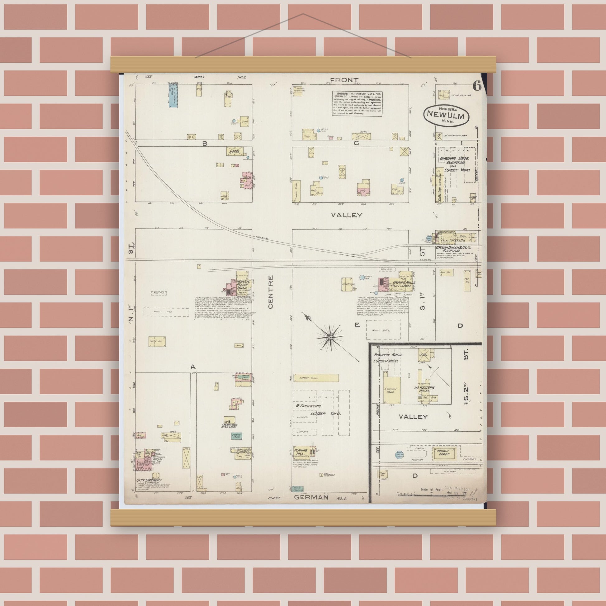 Old map wall art mockup — magnetic wood frame on brick wall — Sanborn Fire Insurance Map from New Ulm, Brown County, Minnesota (1884), Sheet #0006