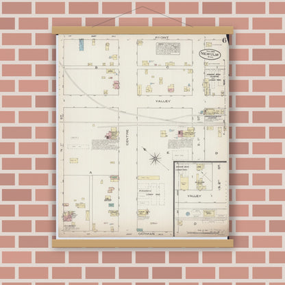 Old map wall art mockup — magnetic wood frame on brick wall — Sanborn Fire Insurance Map from New Ulm, Brown County, Minnesota (1884), Sheet #0006