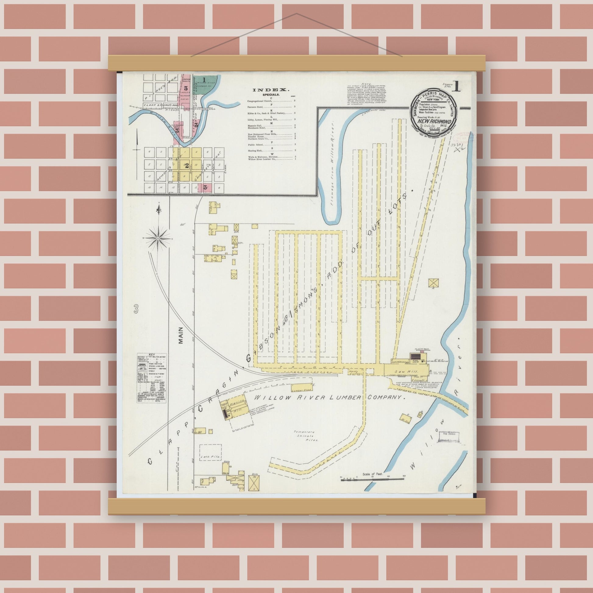 Old map wall art mockup — magnetic wood frame on brick wall — Sanborn Fire Insurance Map from New Richmond, St. Croix County, Wisconsin (1892) - Complete Map Set