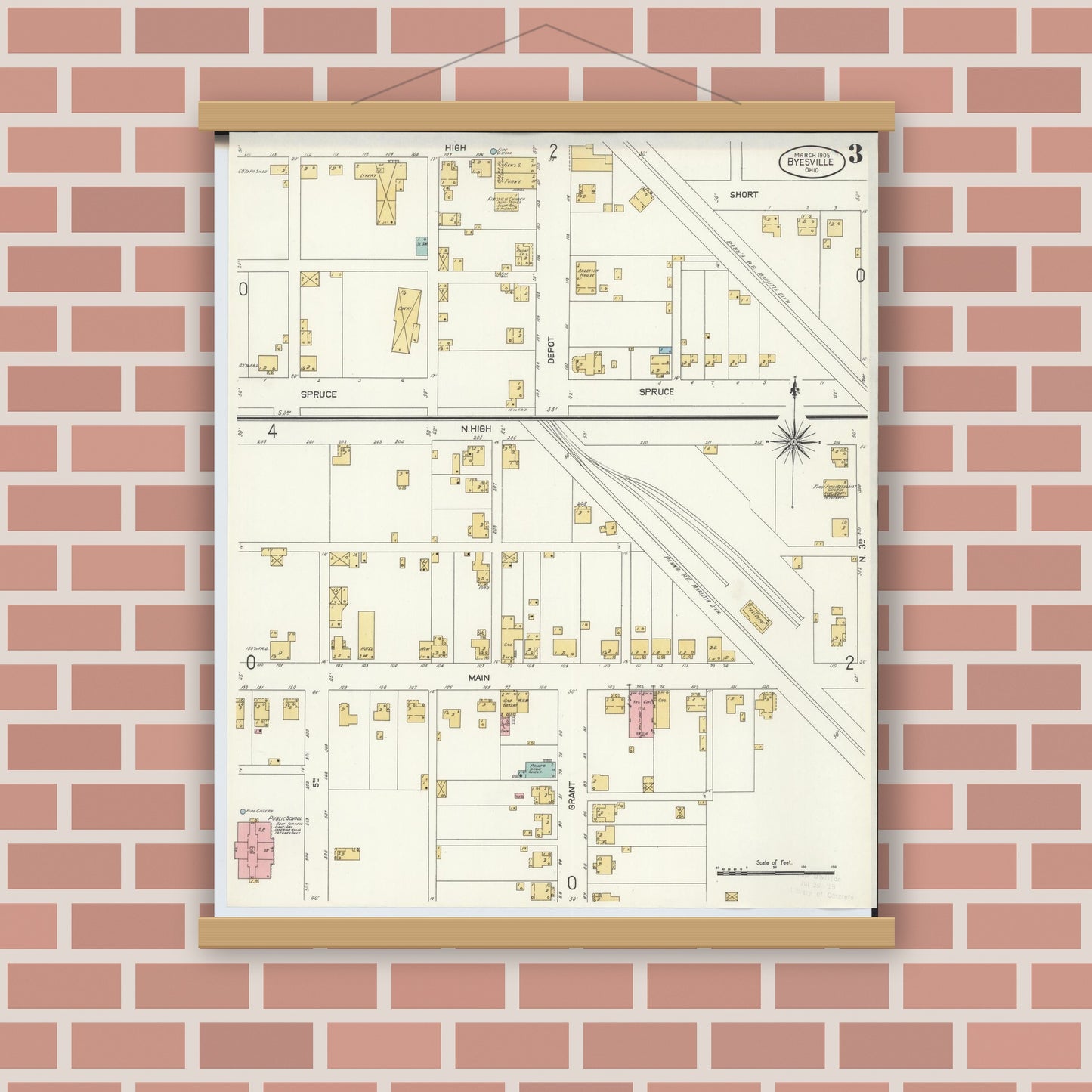Old map wall art mockup — magnetic wood frame on brick wall — Sanborn Fire Insurance Map from Byesville, Guernsey County, Ohio (1905), Sheet #0003