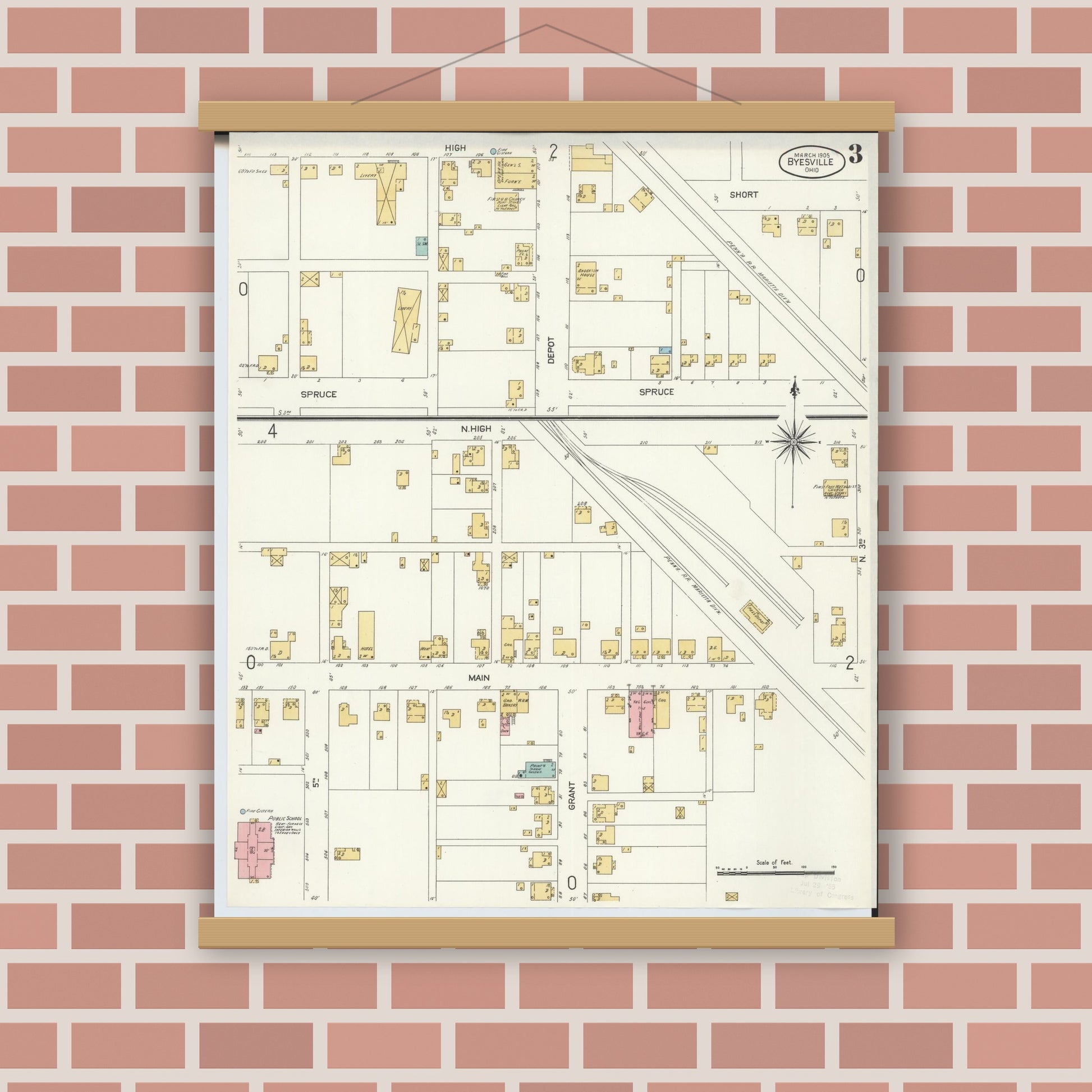 Old map wall art mockup — magnetic wood frame on brick wall — Sanborn Fire Insurance Map from Byesville, Guernsey County, Ohio (1905), Sheet #0003