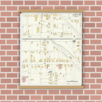 Old map wall art mockup — magnetic wood frame on brick wall — Sanborn Fire Insurance Map from Byesville, Guernsey County, Ohio (1905), Sheet #0003