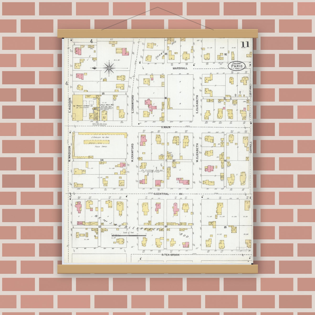 Old map wall art mockup — magnetic wood frame on brick wall — Sanborn Fire Insurance Map from Paris, Edgar County, Illinois (1900), Sheet #0011