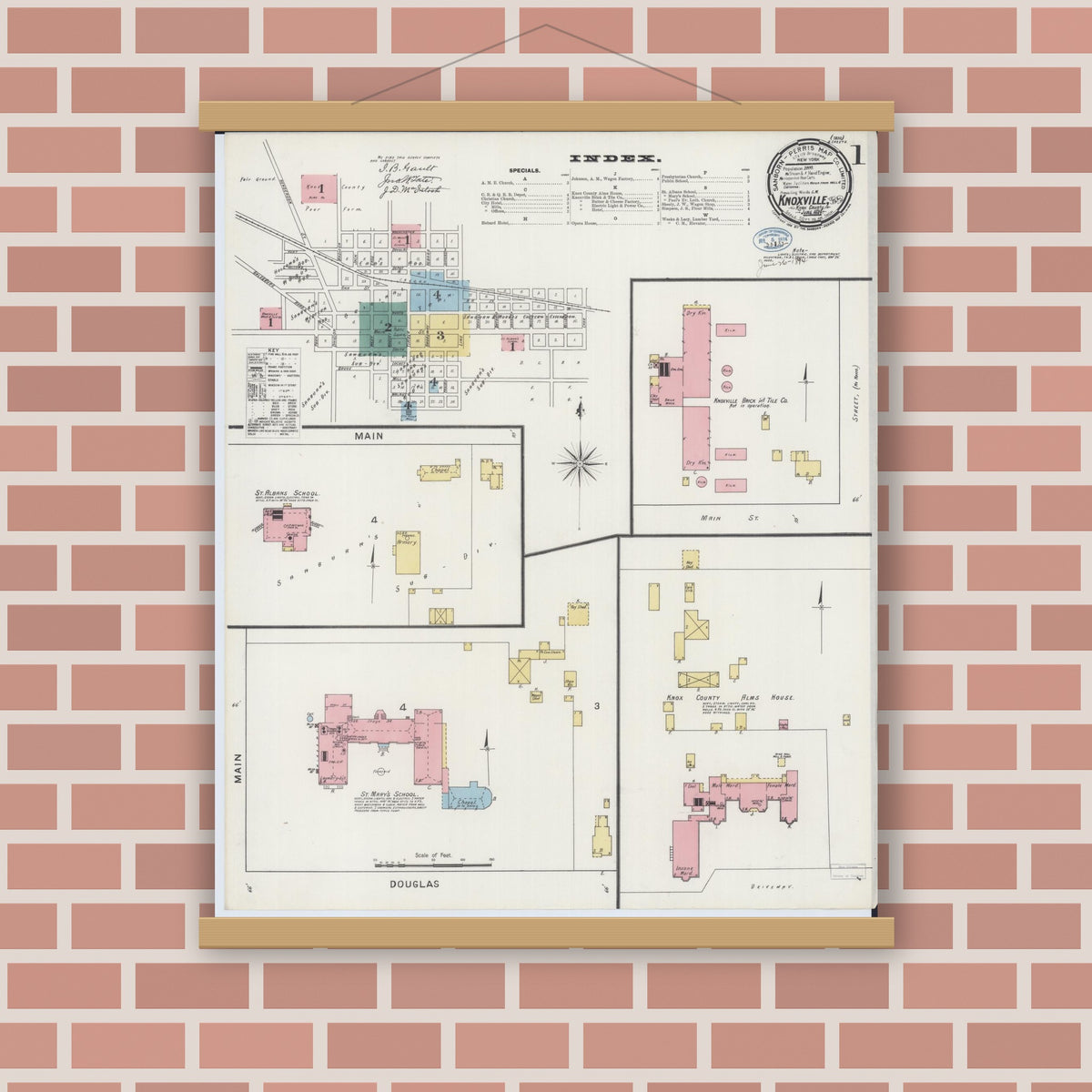 Old map wall art mockup — magnetic wood frame on brick wall — Sanborn Fire Insurance Map from Knoxville, Knox County, Illinois (1894) - Complete Map Set