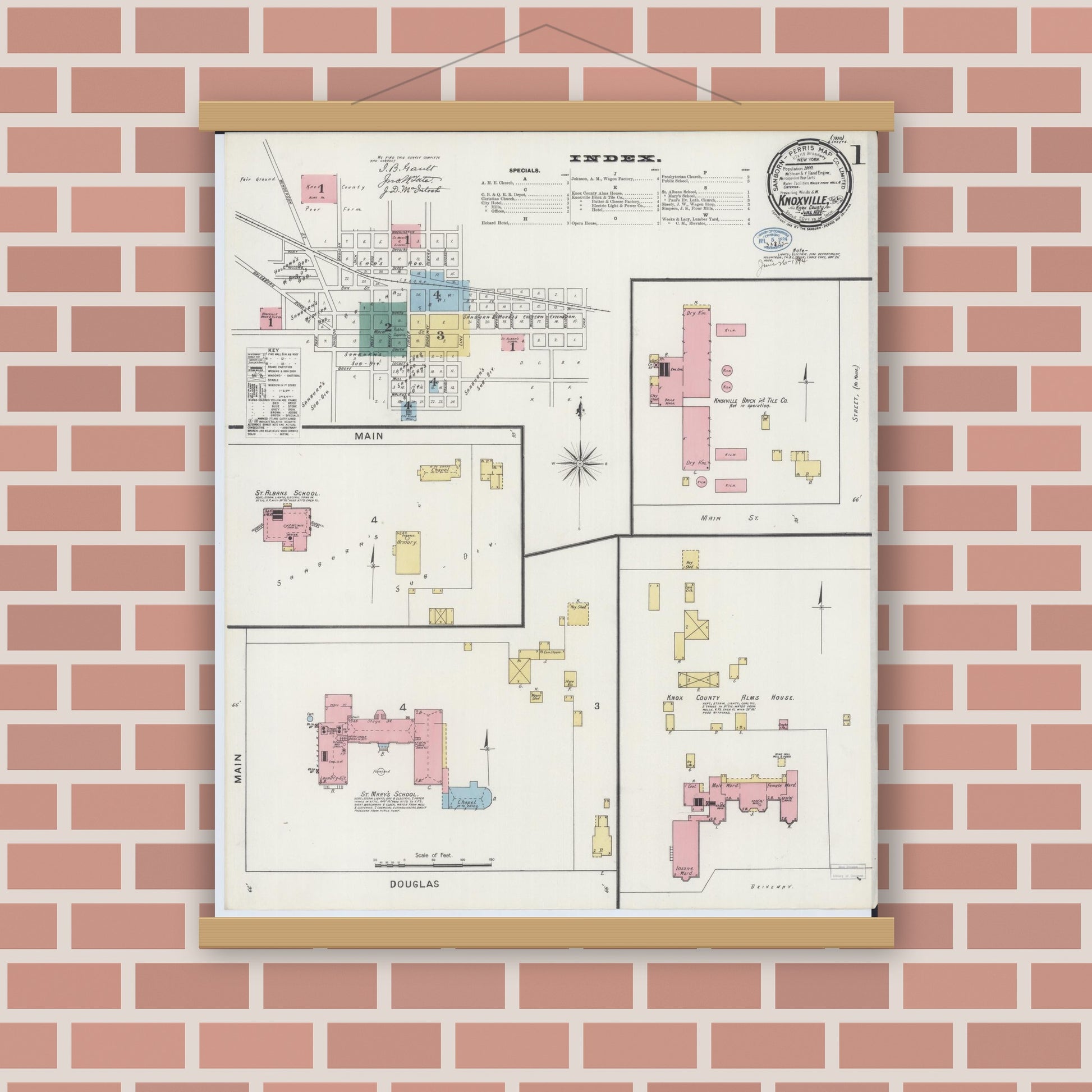 Old map wall art mockup — magnetic wood frame on brick wall — Sanborn Fire Insurance Map from Knoxville, Knox County, Illinois (1894) - Complete Map Set