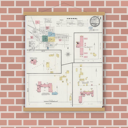 Old map wall art mockup — magnetic wood frame on brick wall — Sanborn Fire Insurance Map from Knoxville, Knox County, Illinois (1894) - Complete Map Set