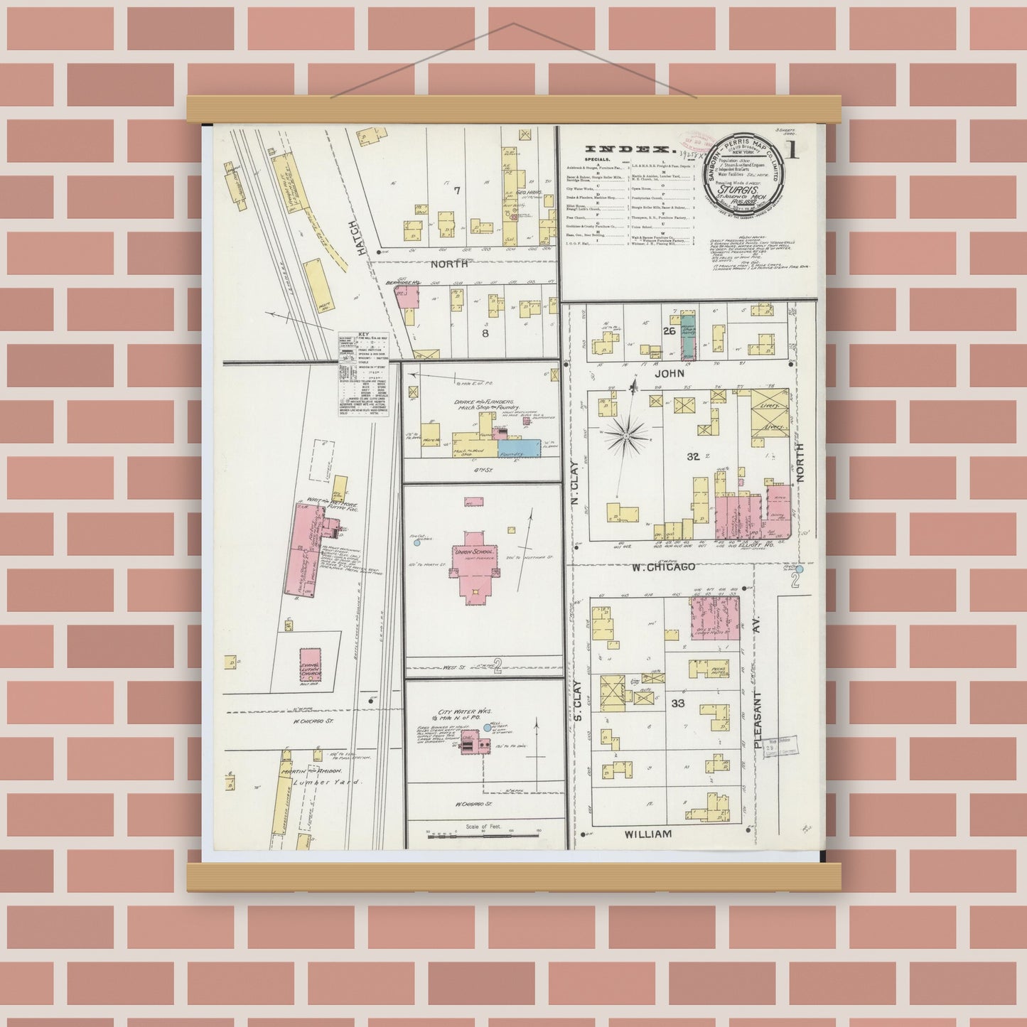 Old map wall art mockup — magnetic wood frame on brick wall — Sanborn Fire Insurance Map from Sturgis, Saint Joseph County, Michigan (1892), Sheet #0001