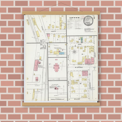Old map wall art mockup — magnetic wood frame on brick wall — Sanborn Fire Insurance Map from Sturgis, Saint Joseph County, Michigan (1892), Sheet #0001