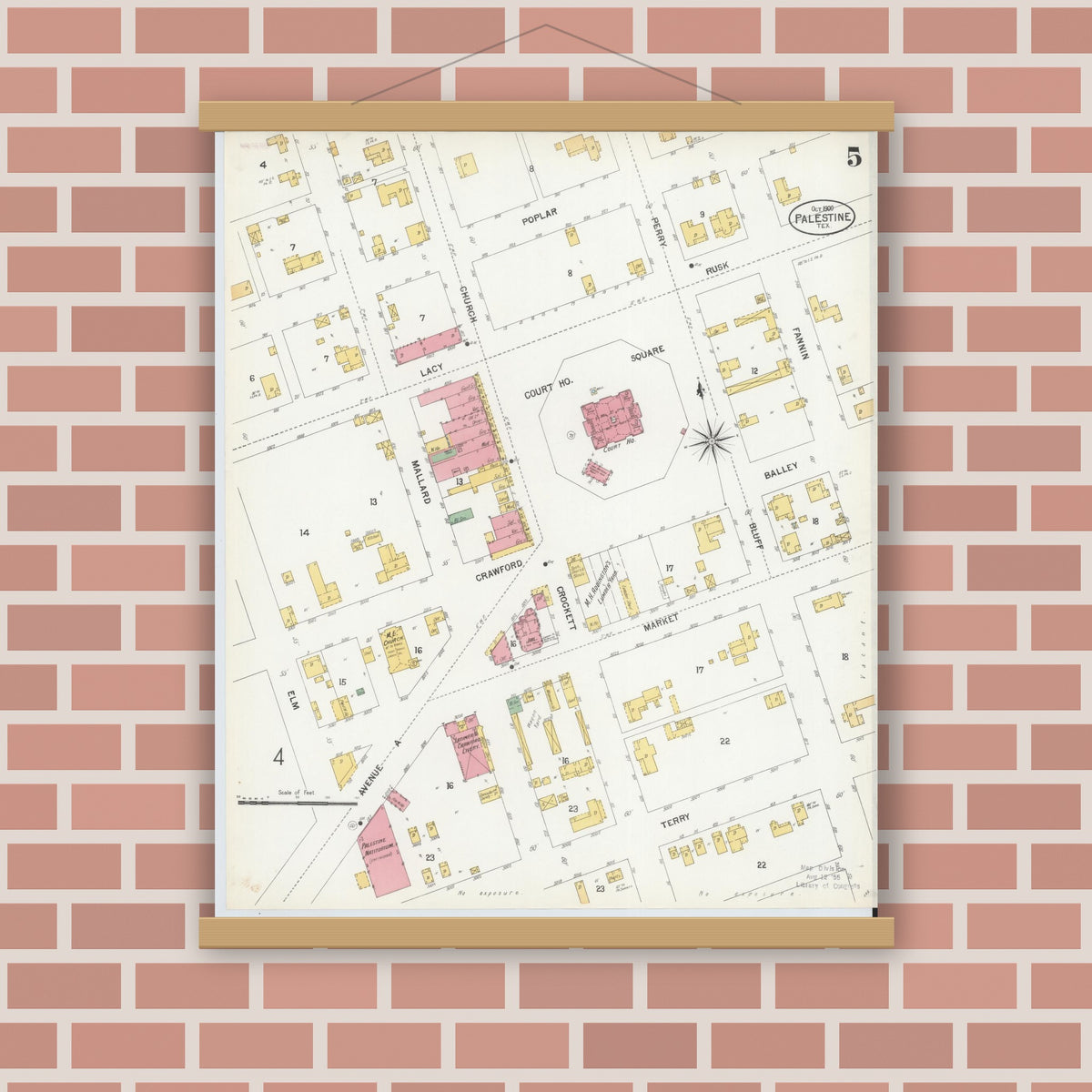 Old map wall art mockup — magnetic wood frame on brick wall — Sanborn Fire Insurance Map from Palestine, Anderson County, Texas (1900), Sheet #0005