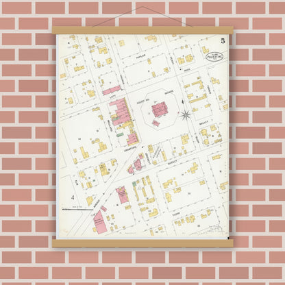 Old map wall art mockup — magnetic wood frame on brick wall — Sanborn Fire Insurance Map from Palestine, Anderson County, Texas (1900), Sheet #0005