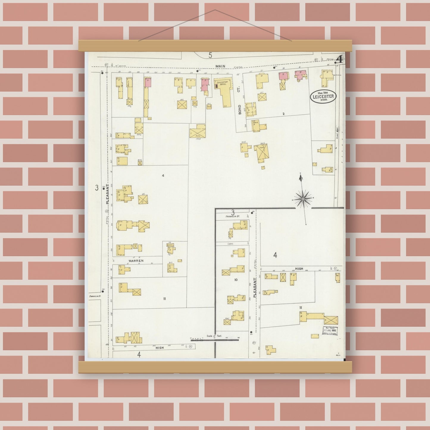 Old map wall art mockup — magnetic wood frame on brick wall — Sanborn Fire Insurance Map from Leicester, Worcester County, Massachusetts (1904), Sheet #0004