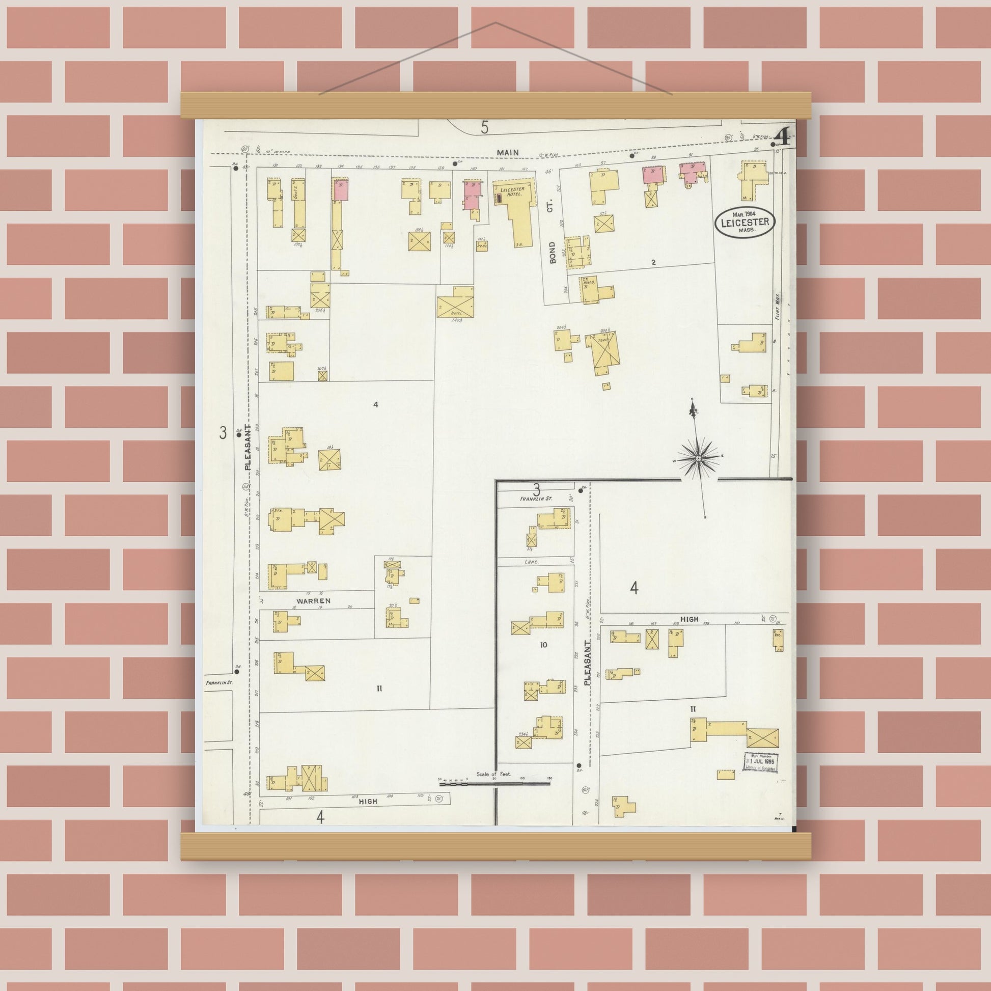 Old map wall art mockup — magnetic wood frame on brick wall — Sanborn Fire Insurance Map from Leicester, Worcester County, Massachusetts (1904), Sheet #0004