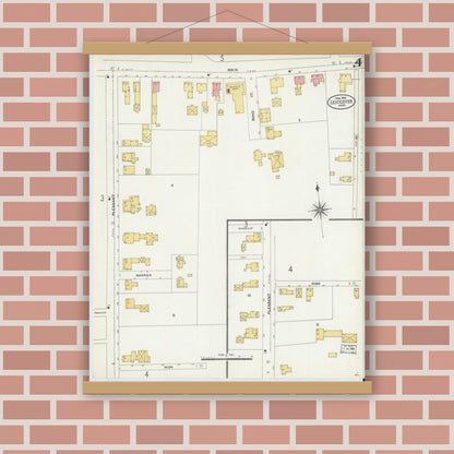 Old map wall art mockup — magnetic wood frame on brick wall — Sanborn Fire Insurance Map from Leicester, Worcester County, Massachusetts (1904), Sheet #0004