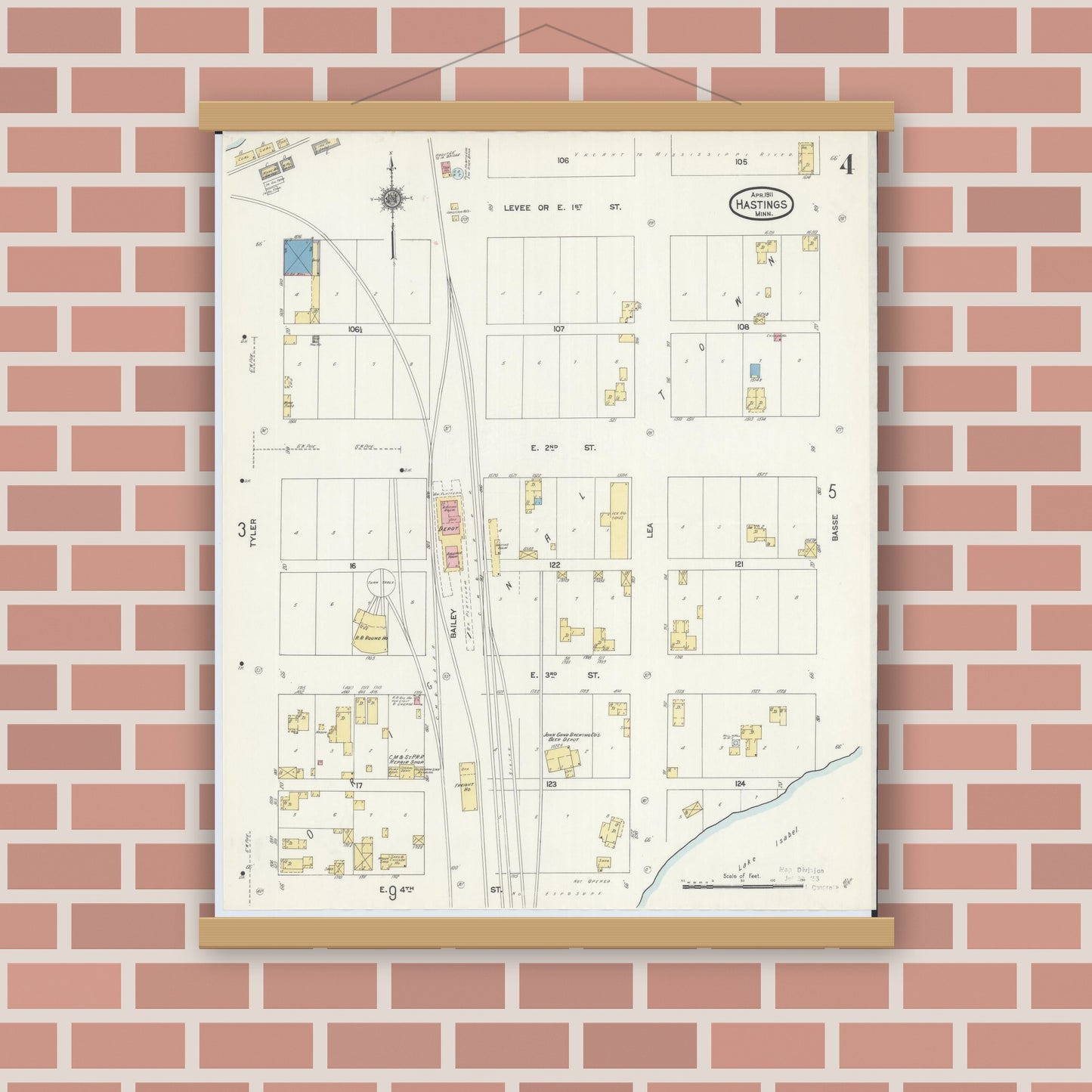 Old map wall art mockup — magnetic wood frame on brick wall — Sanborn Fire Insurance Map from Hastings, Dakota County, Minnesota (1911), Sheet #0004