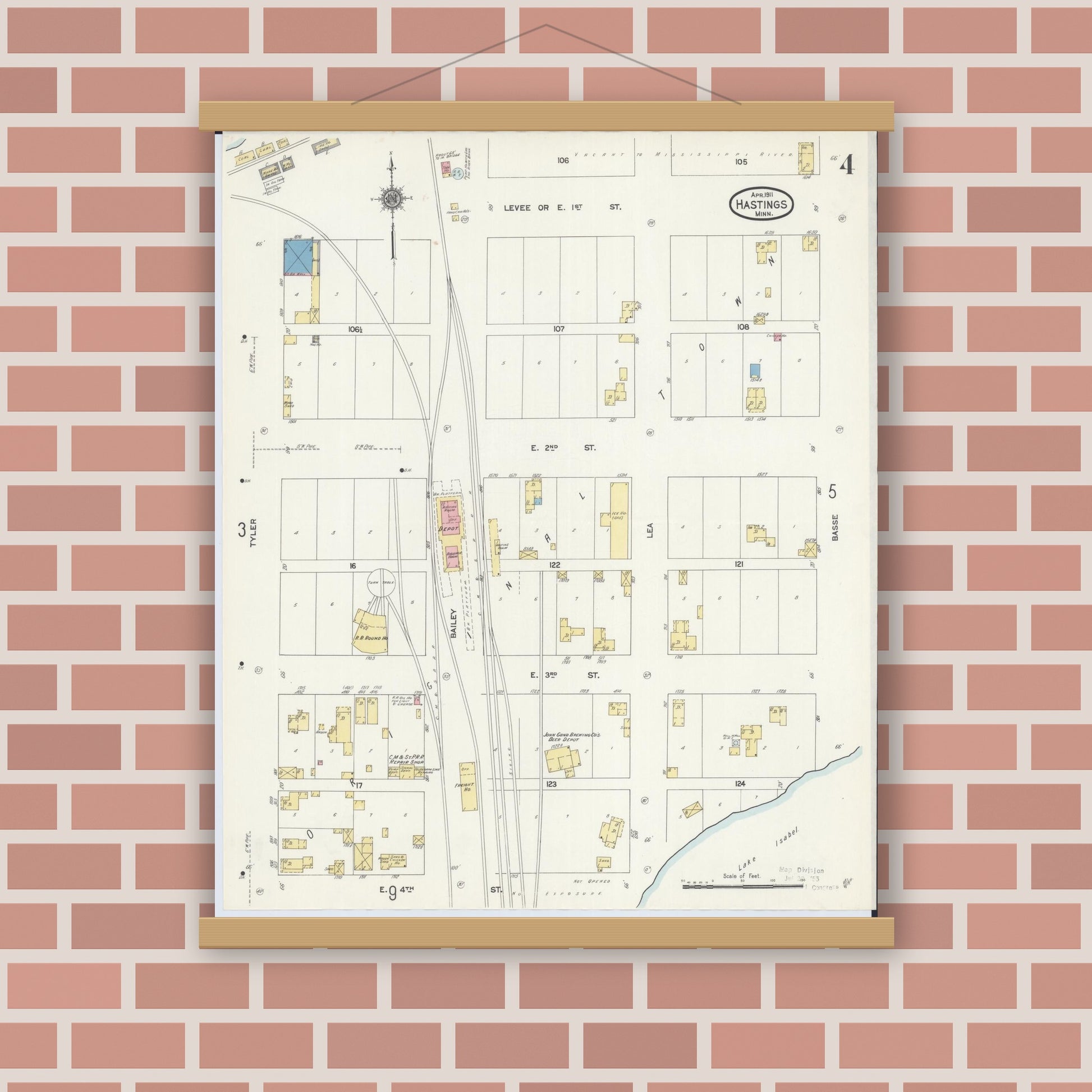 Old map wall art mockup — magnetic wood frame on brick wall — Sanborn Fire Insurance Map from Hastings, Dakota County, Minnesota (1911), Sheet #0004