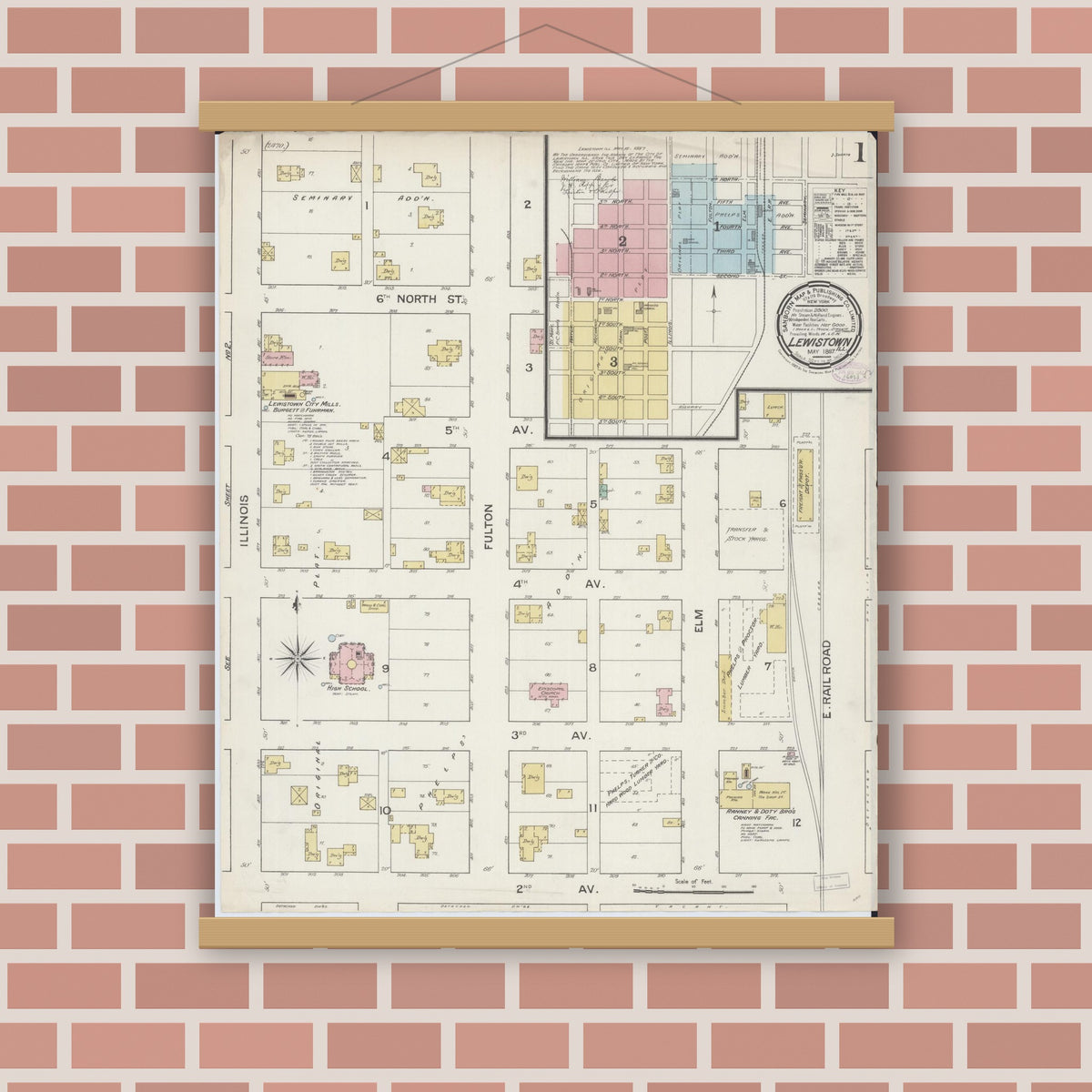 Old map wall art mockup — magnetic wood frame on brick wall — Sanborn Fire Insurance Map from Lewistown, Fulton County, Illinois (1887) - Complete Map Set