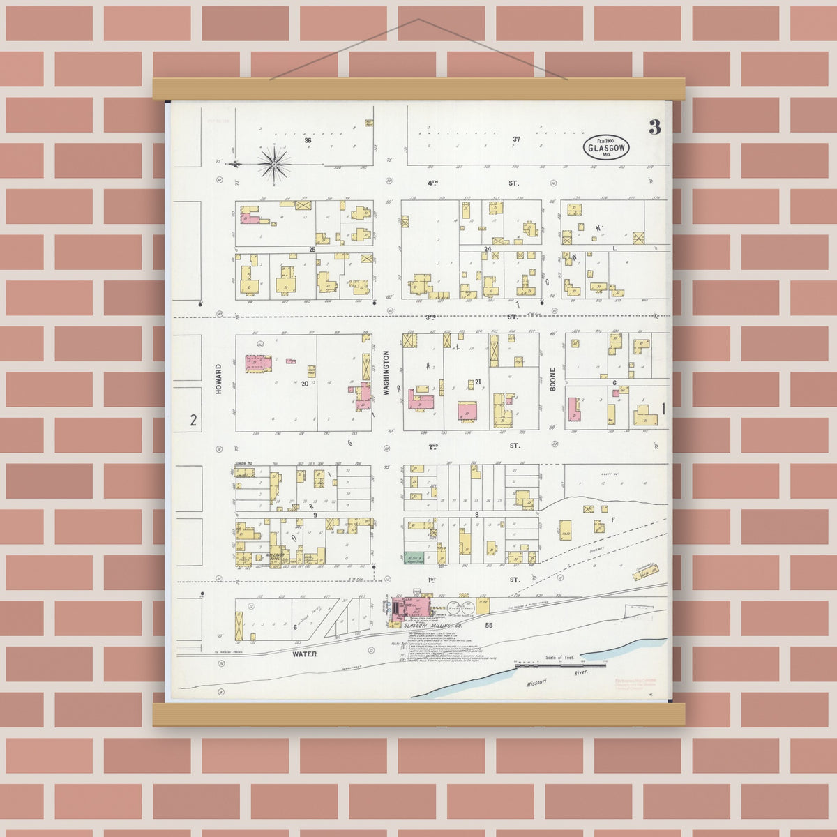 Old map wall art mockup — magnetic wood frame on brick wall — Sanborn Fire Insurance Map from Glasgow, Howard County, Missouri (1900), Sheet #0003