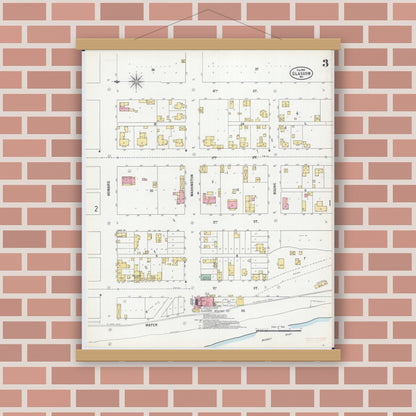 Old map wall art mockup — magnetic wood frame on brick wall — Sanborn Fire Insurance Map from Glasgow, Howard County, Missouri (1900), Sheet #0003