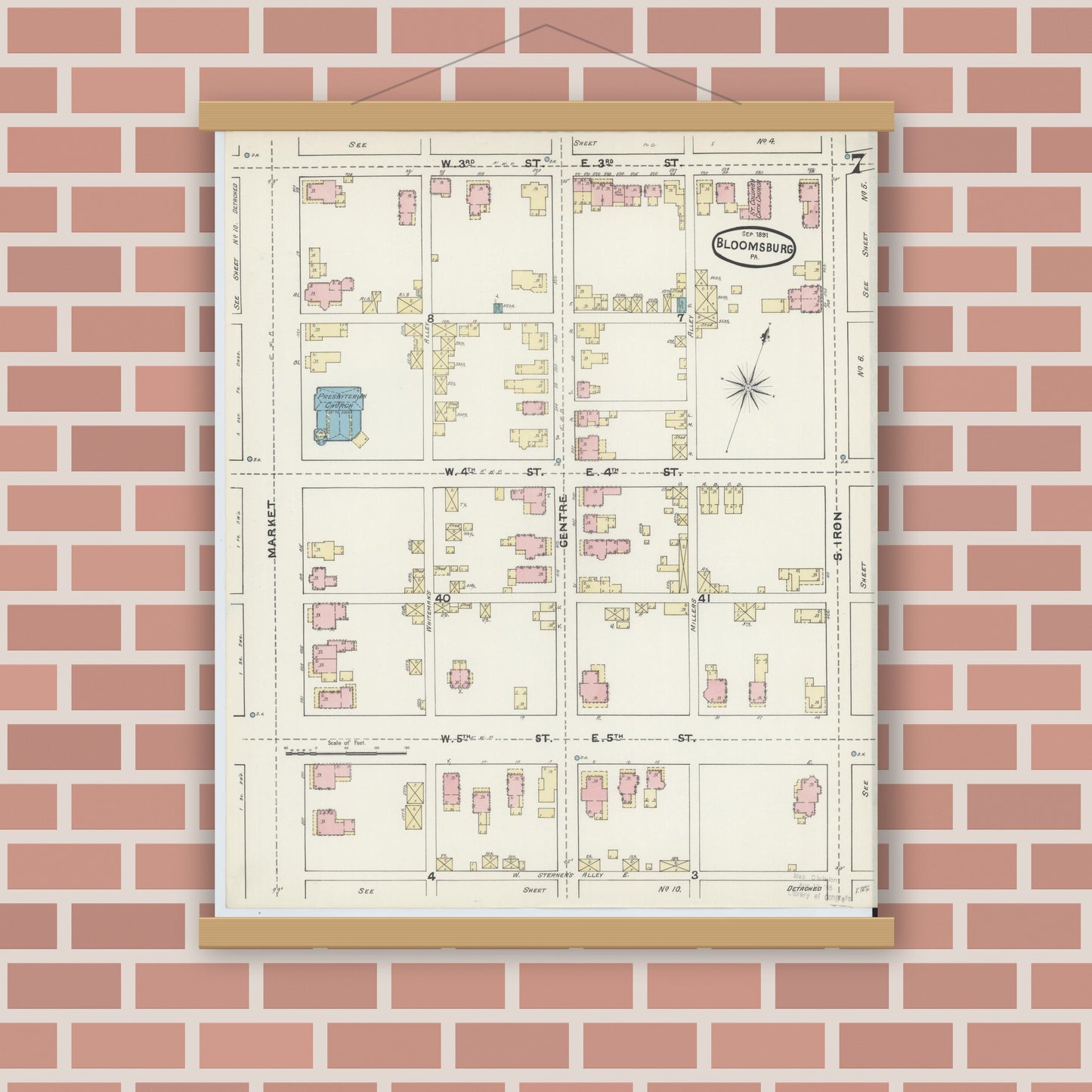 Old map wall art mockup — magnetic wood frame on brick wall — Sanborn Fire Insurance Map from Bloomsburg, Columbia County, Pennsylvania (1891), Sheet #0007