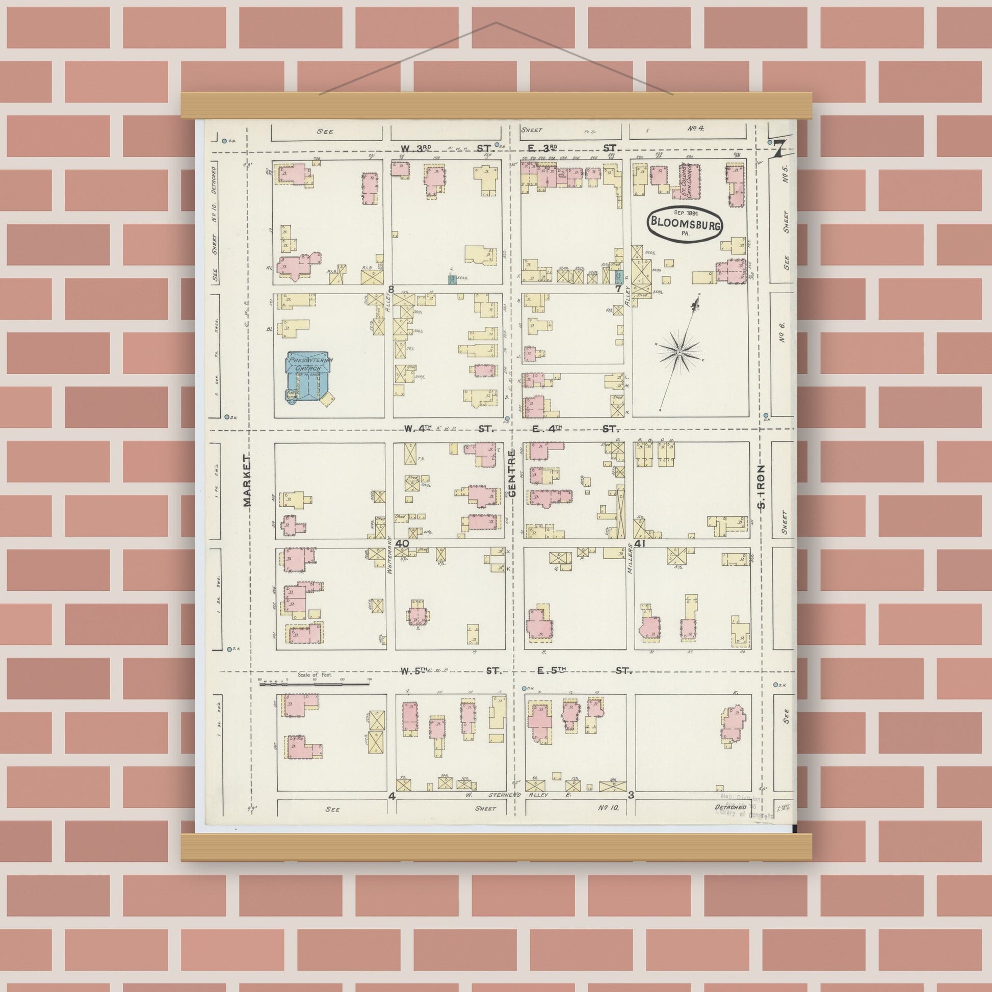 Old map wall art mockup — magnetic wood frame on brick wall — Sanborn Fire Insurance Map from Bloomsburg, Columbia County, Pennsylvania (1891), Sheet #0007