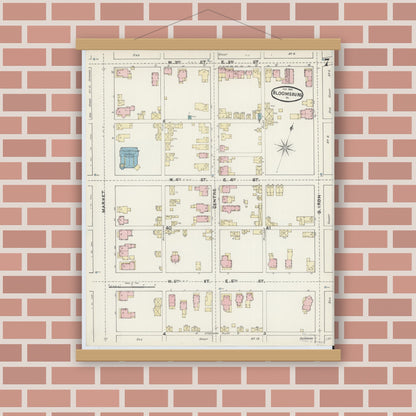 Old map wall art mockup — magnetic wood frame on brick wall — Sanborn Fire Insurance Map from Bloomsburg, Columbia County, Pennsylvania (1891), Sheet #0007
