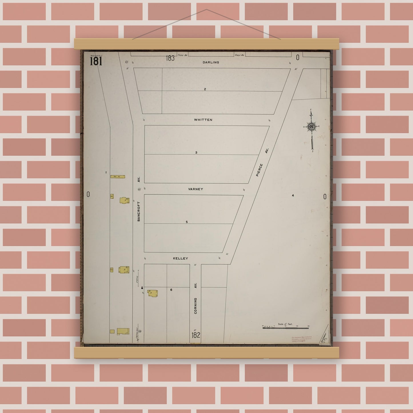 Old map wall art mockup — magnetic wood frame on brick wall — Sanborn Fire Insurance Map from Worcester, Worcester County, Massachusetts (1910), Sheet #0181
