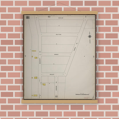 Old map wall art mockup — magnetic wood frame on brick wall — Sanborn Fire Insurance Map from Worcester, Worcester County, Massachusetts (1910), Sheet #0181