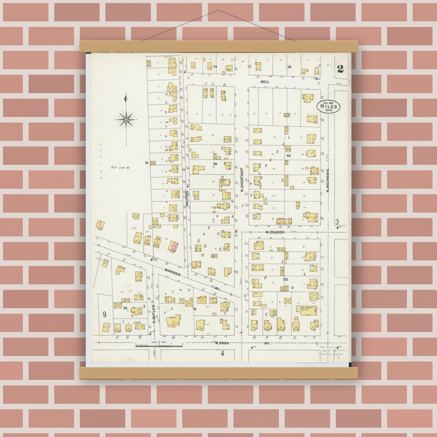 Old map wall art mockup — magnetic wood frame on brick wall — Sanborn Fire Insurance Map from Niles, Trumbull County, Ohio (1902), Sheet #0002