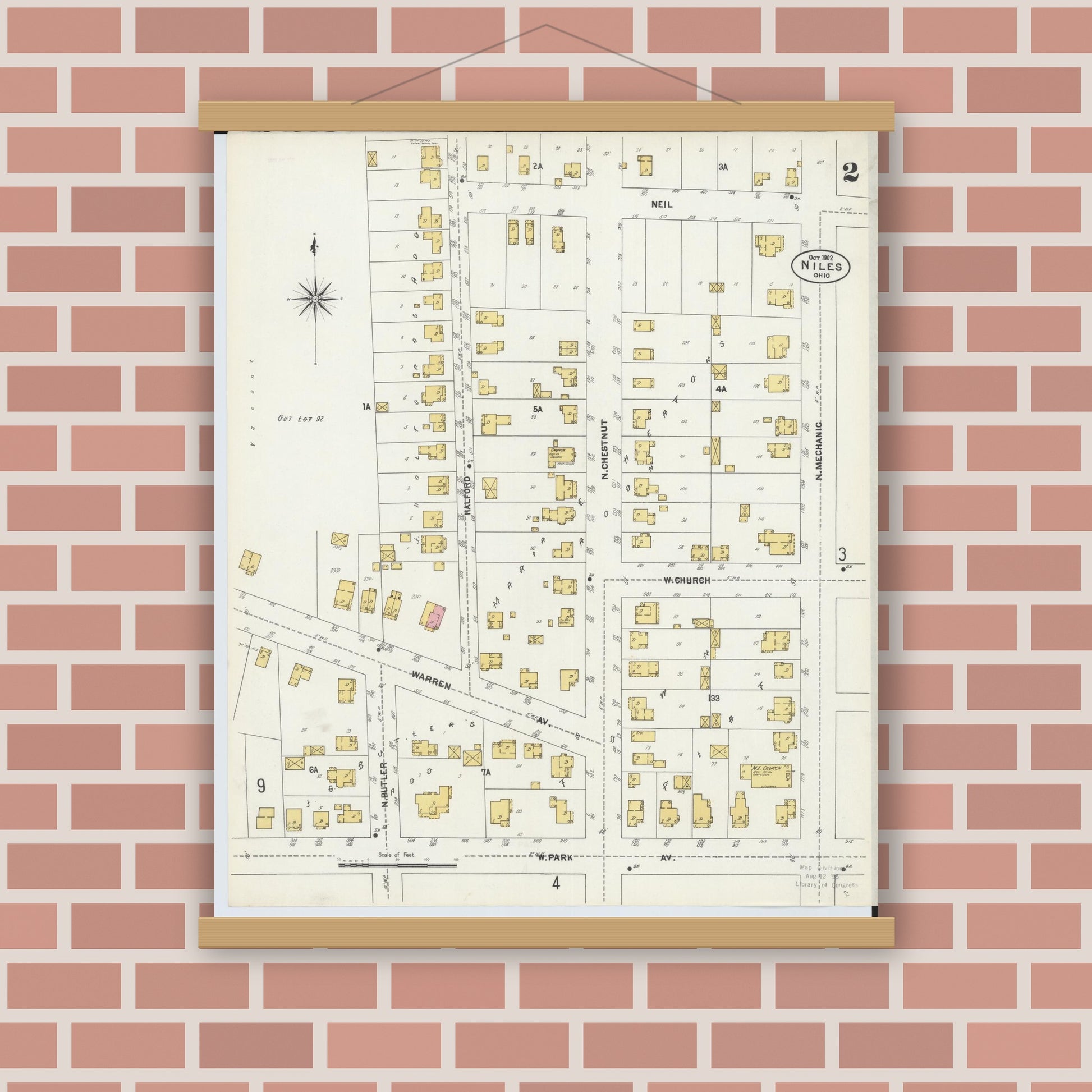 Old map wall art mockup — magnetic wood frame on brick wall — Sanborn Fire Insurance Map from Niles, Trumbull County, Ohio (1902), Sheet #0002
