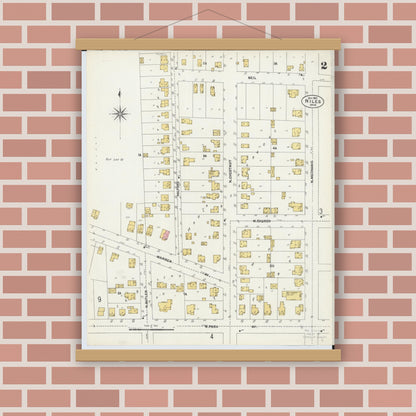 Old map wall art mockup — magnetic wood frame on brick wall — Sanborn Fire Insurance Map from Niles, Trumbull County, Ohio (1902), Sheet #0002