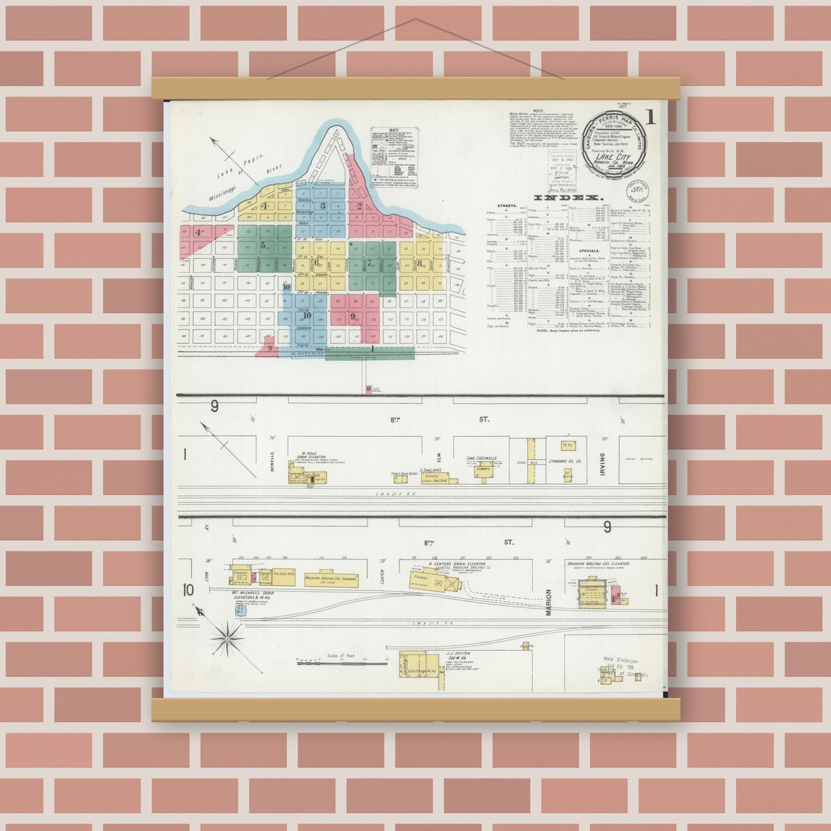 Old map wall art mockup — magnetic wood frame on brick wall — Sanborn Fire Insurance Map from Lake City, Wabasha County, Minnesota (1900), Sheet #0001