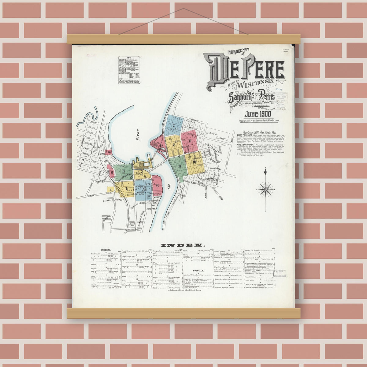 Old map wall art mockup — magnetic wood frame on brick wall — Sanborn Fire Insurance Map from De Pere, Brown County, Wisconsin (1900) - Complete Map Set