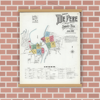 Old map wall art mockup — magnetic wood frame on brick wall — Sanborn Fire Insurance Map from De Pere, Brown County, Wisconsin (1900) - Complete Map Set
